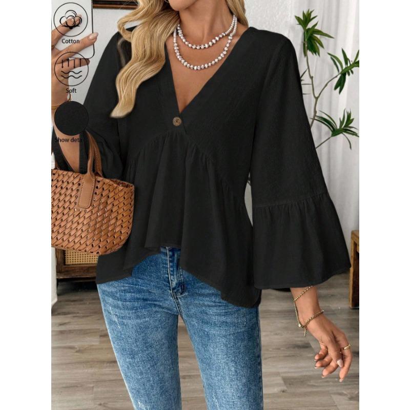 Spring Summer V-neck Elegant Loose Ruffled Women Blouse Half Sleeve Simple Casual Blouse Female New Solid Color Lotus Leaf Tops Office Sweet Clothing