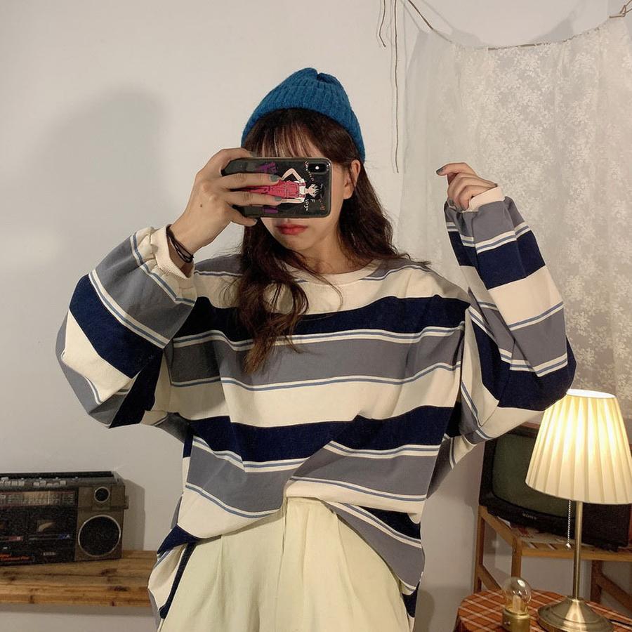 Trendy Women's Striped Long Sleeve Shirt - Autumn New Style Korean Loose T-Shirt for Students