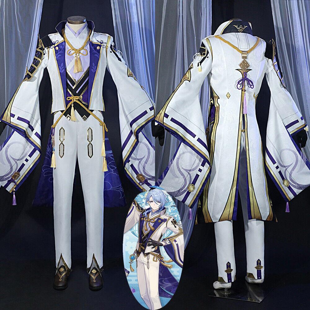 Anime Game Genshin Impact Ayato Kamisato Cosplay Costume Accessories Full Set - Coat Trouser Wig Uniform Men Suit Carnival Party Clothes Halloween