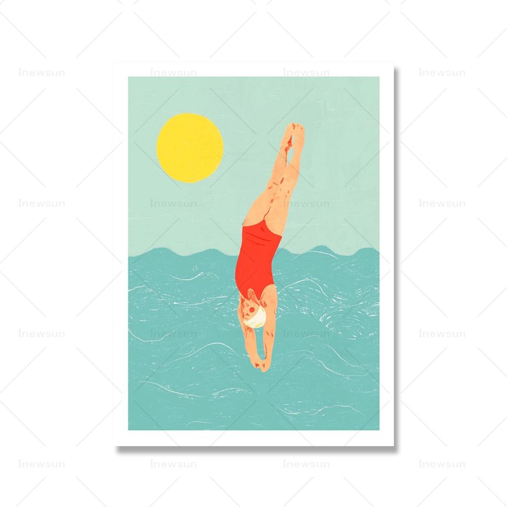 

Минималистские плакаты с изображением плавания, абстрактные картины на холсте для дайвинга, настенные художественные картины на закате для декора гостиной 21x30cm No Framed