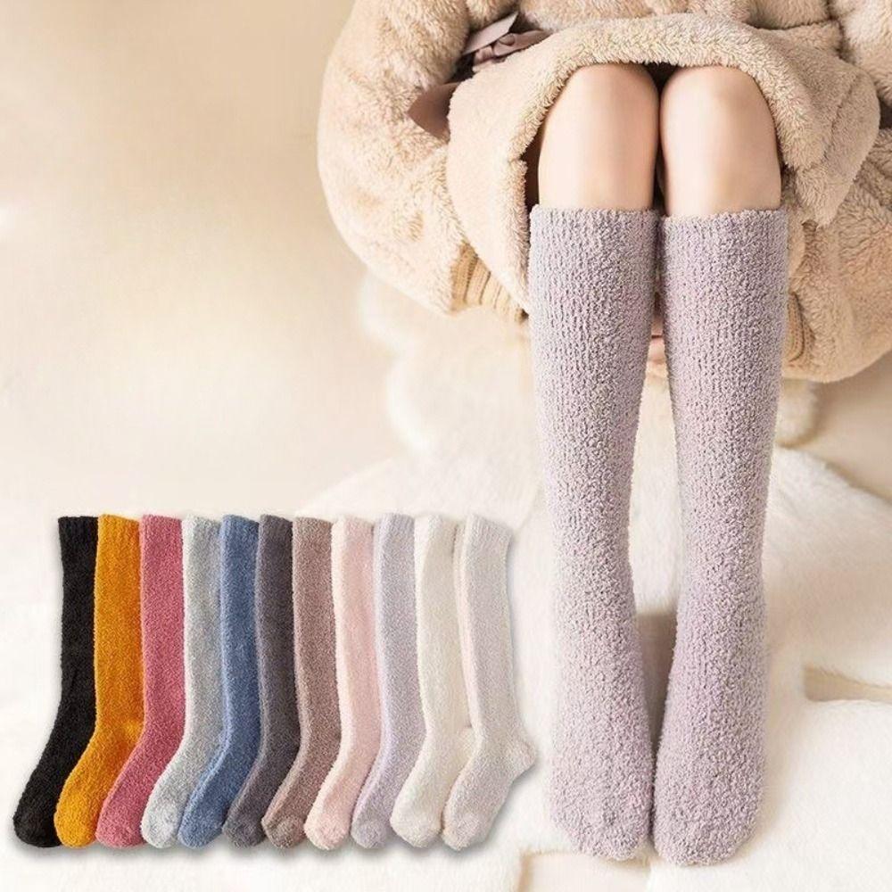 Coral Velvet Long Tube Socks Thick Fabric Warm Winter Socks Preppy Solid Color Stockings For Women