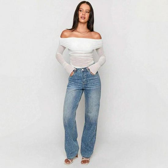 Women's White Heart Denim Pants - High Stretch, Slim Fit, Wide Leg