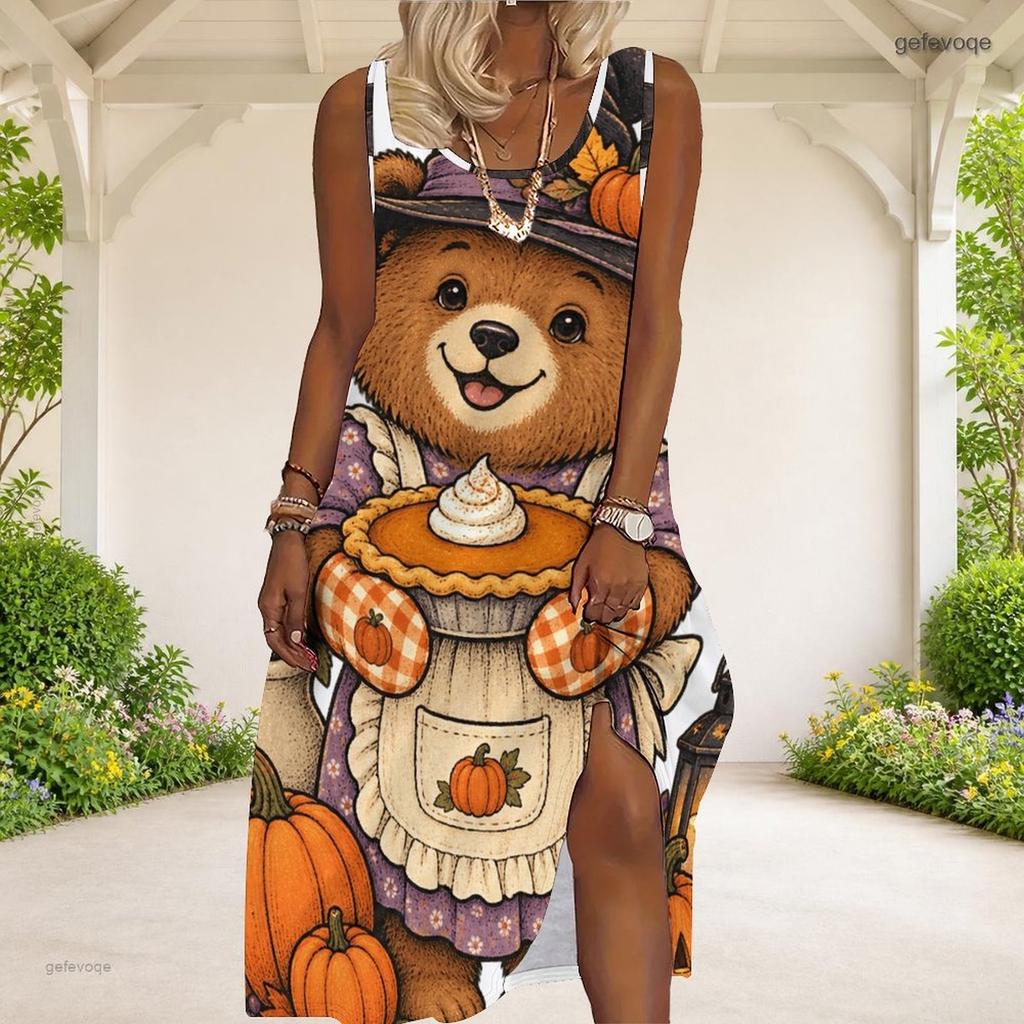 Women Plus Size Scoop Neck Sleeveless A Line Long Dress Halloween Bear Pumpkin Printed