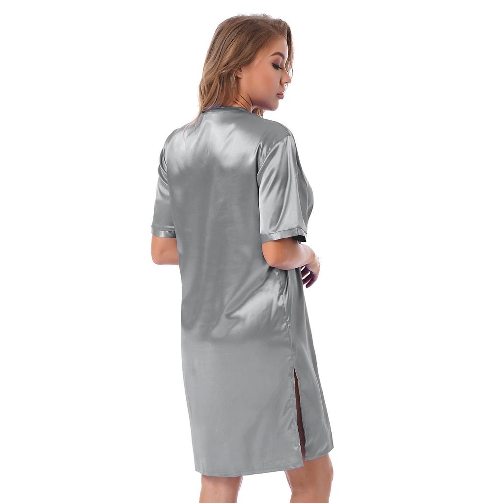 Womens Satin V Neck Nightgown Short Sleeve Split Side Nightdress Elegant Sleepwear Comfortable Loungewear