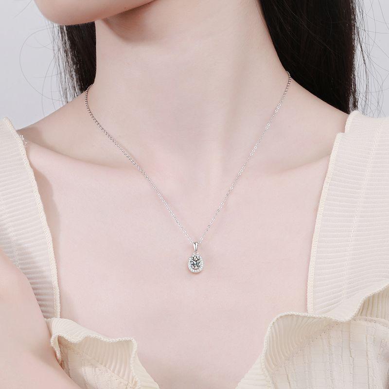 Moissanite Pendant Necklace: Sterling Silver s925, White Gold Plated, Pigeon Egg Shape, D Color, Simple Design for Women.