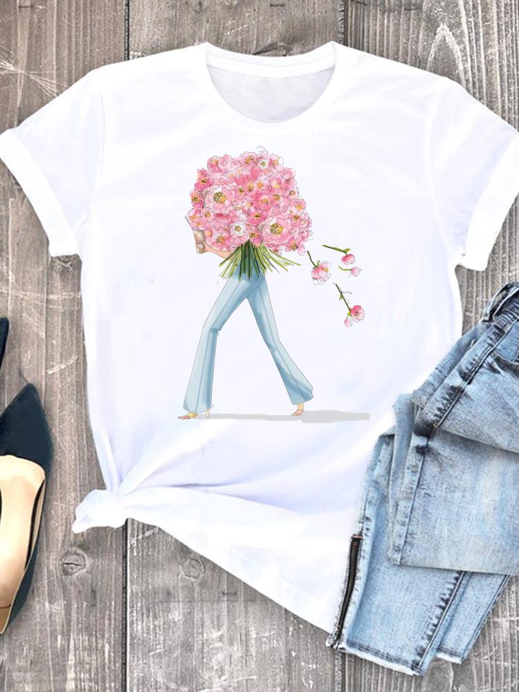 (Asian Size) flower sweet 90s  Short Sleeve T-shirts Lady Female Top Printed Fashion Clothing Women Graphic Casual T Shirt Tee
