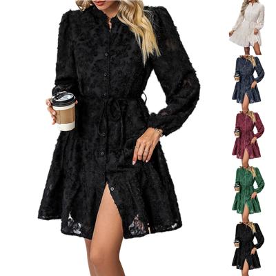 Women's Fashionable Floral Lace Long Sleeved Solid Color Stand Up Collar Dress