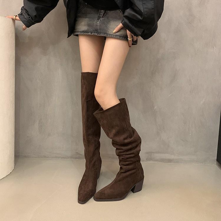 Pile Boots Vintage Suede Khaki Boots Over Knee Boots Women's Boots French Autumn Skinny Boots Thick Heel High Boots