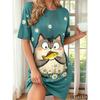 2026 Short Sleeved Round Neck Women's Dress With Cute Cat Pattern Print Loose Casual  Fashionable Home Dresses