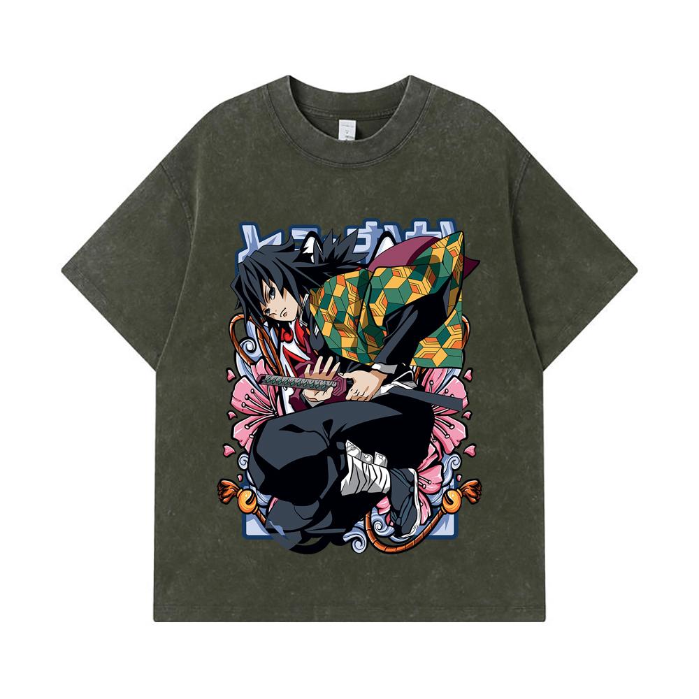 

275 GSM Washed T-shirts 100% Cotton Demon Slayer V74 Tomioka Print Unisex Heavy Cotton T Shirt S