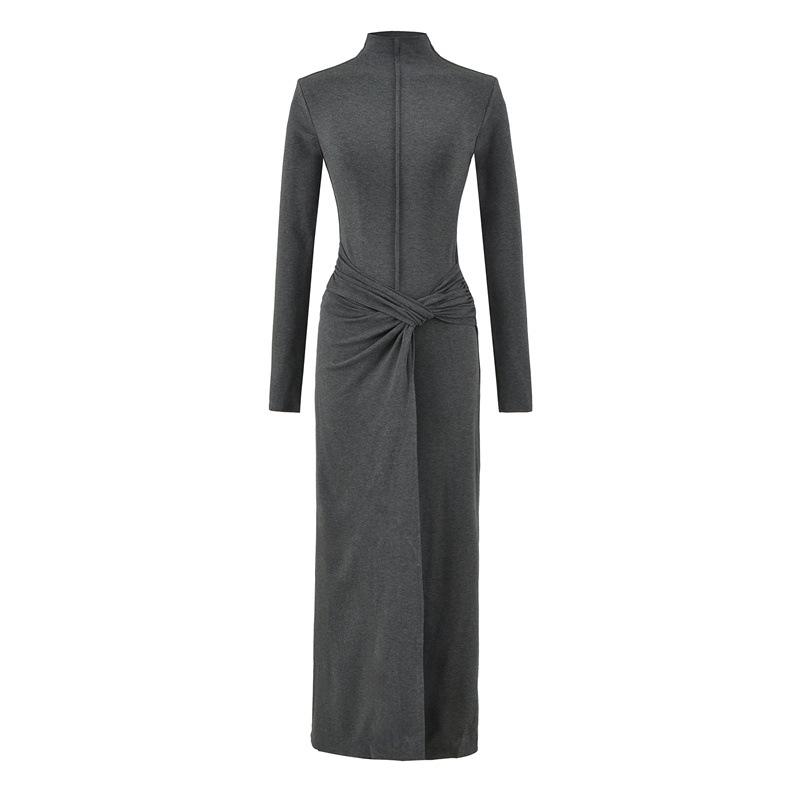 Elegant High-Neck Long-Sleeve Dress for Women, Autumn/Winter, Waist-Cinching, Hip-Hugging with Twisted Design