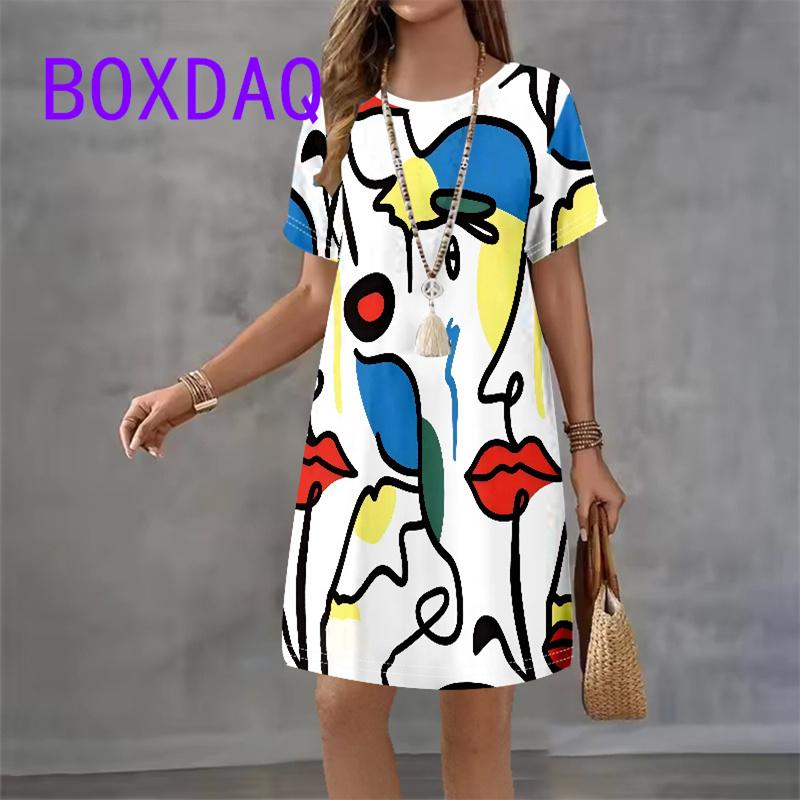 Retro Portrait Art Facial Pattern Women Dress Short Sleeve O-Neck Loose Casual A-Line Dress Summer New Street Ladies Sundress