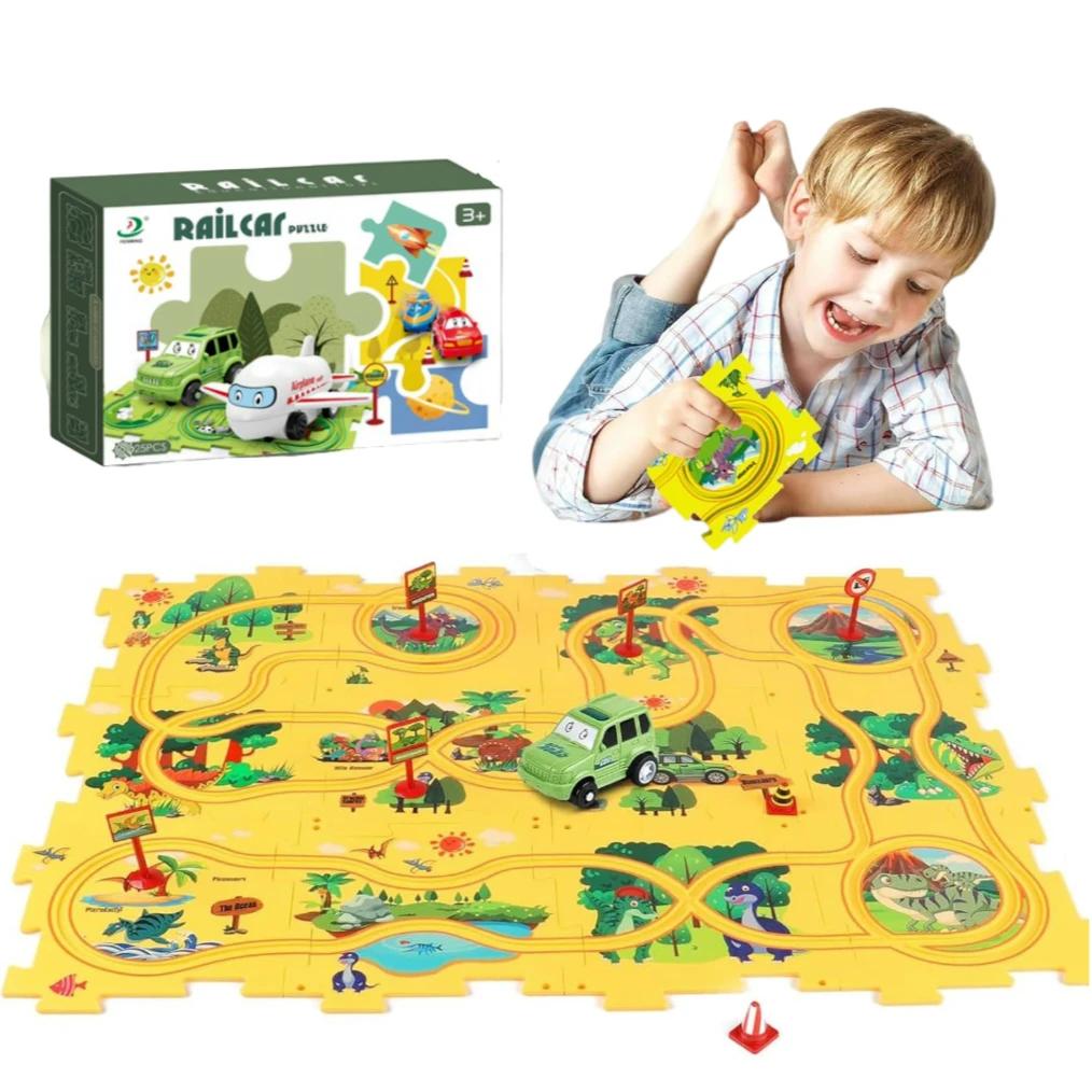 25PCS Puzzle Racer Kids Car Track Play Toy Set, Set with Vehicles, Railcar Track for Boys&girls, Preschool Christmas Games Gift