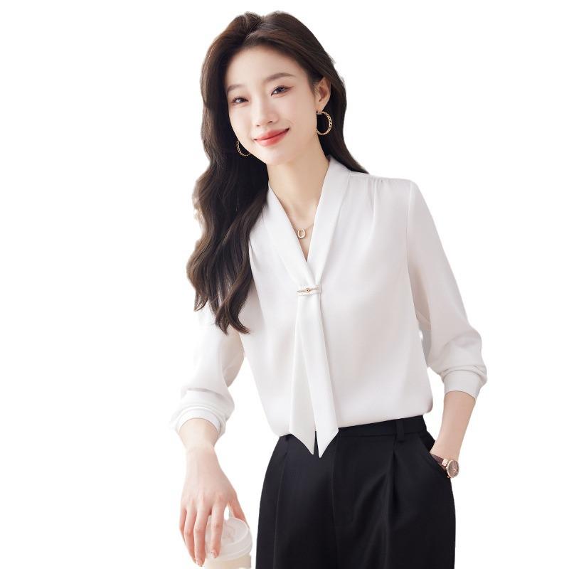 2024 Frühling Damen Stehkragen Bindeband Satin Fließende Bluse - Lockere Passform, Professionelles OL-Design