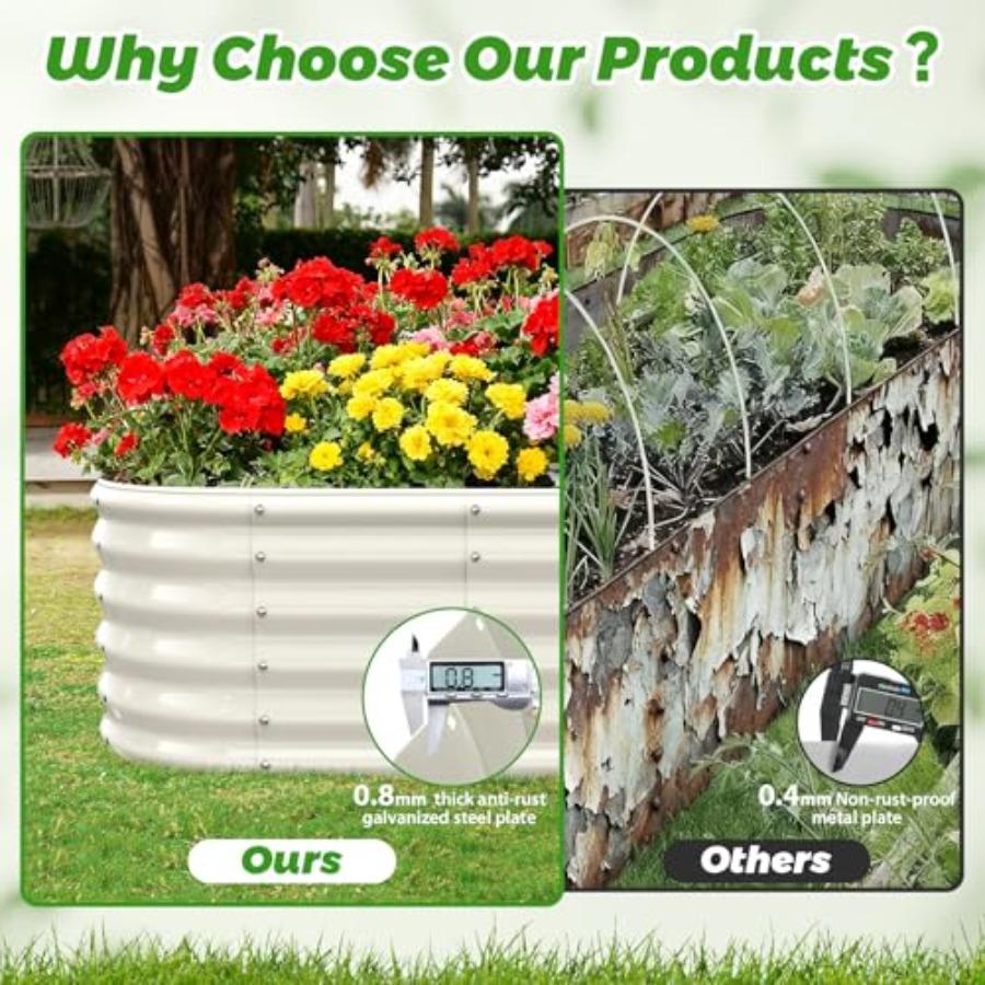 17 Tall Outdoor Garden Raised Bed Kit 5ft X 2ft Oval Cream White Metal Planter for Flowers Herbs Vegetables 0.8MM Thick 60X24X1