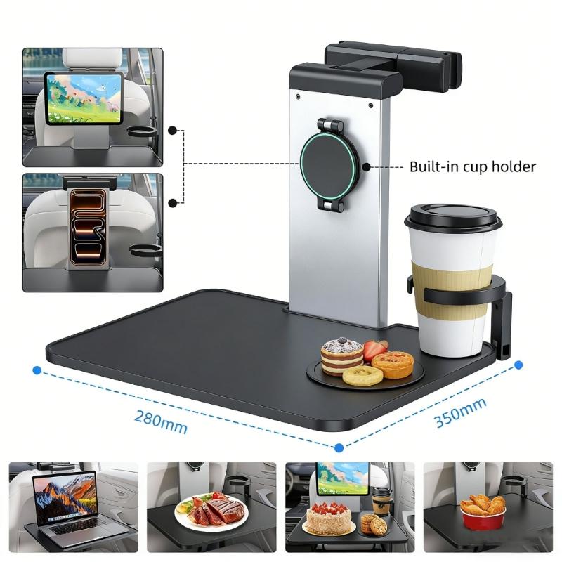 Universal Car Headrest Mounted Foldable Laptop Tray With Phone Support And Extendable Beverage Slot For Office Work