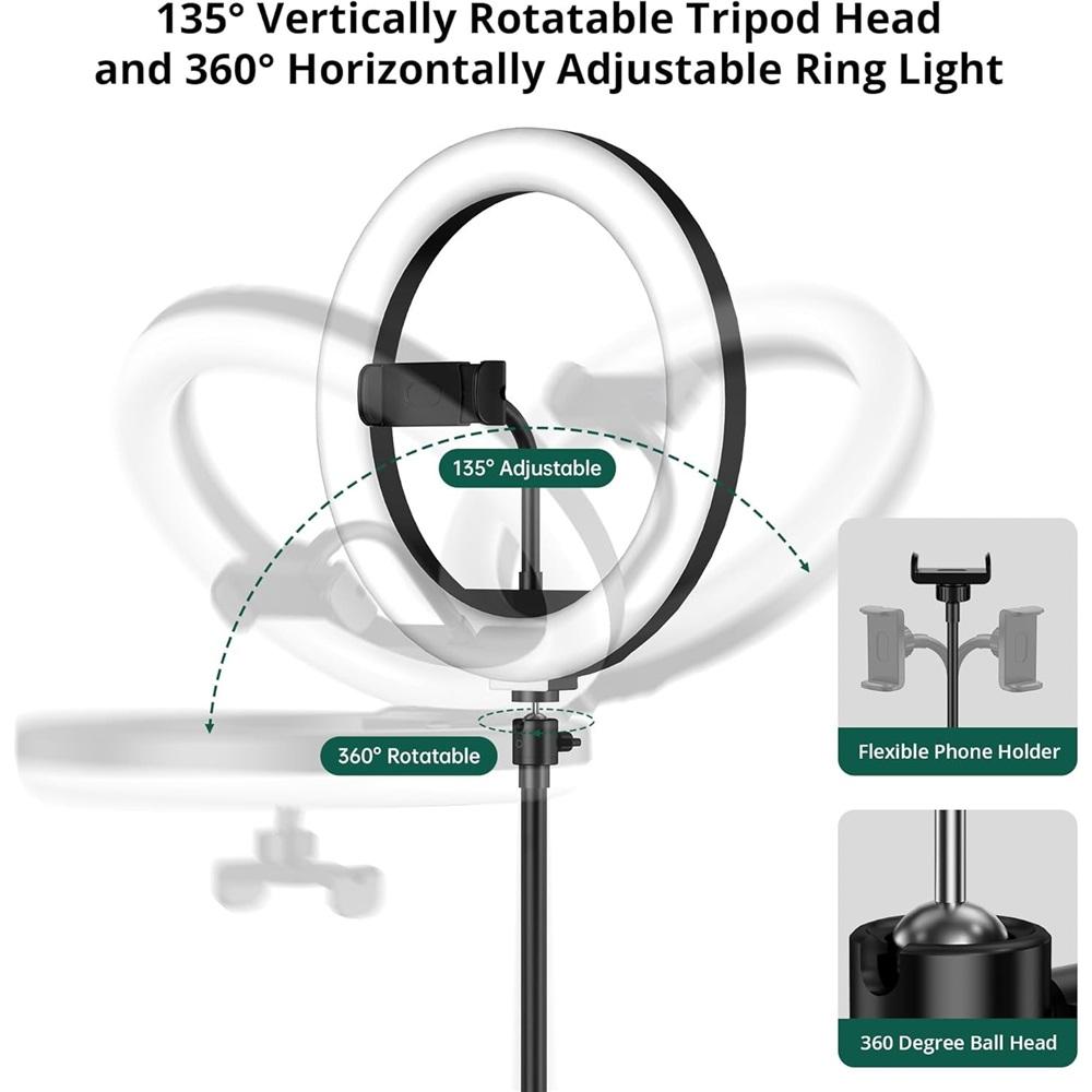 10-inch ring light with tripod, dimmable LED selfie light, comes with phone holder and Bluetooth remote, 3 color temperatures and 10 brightness levels