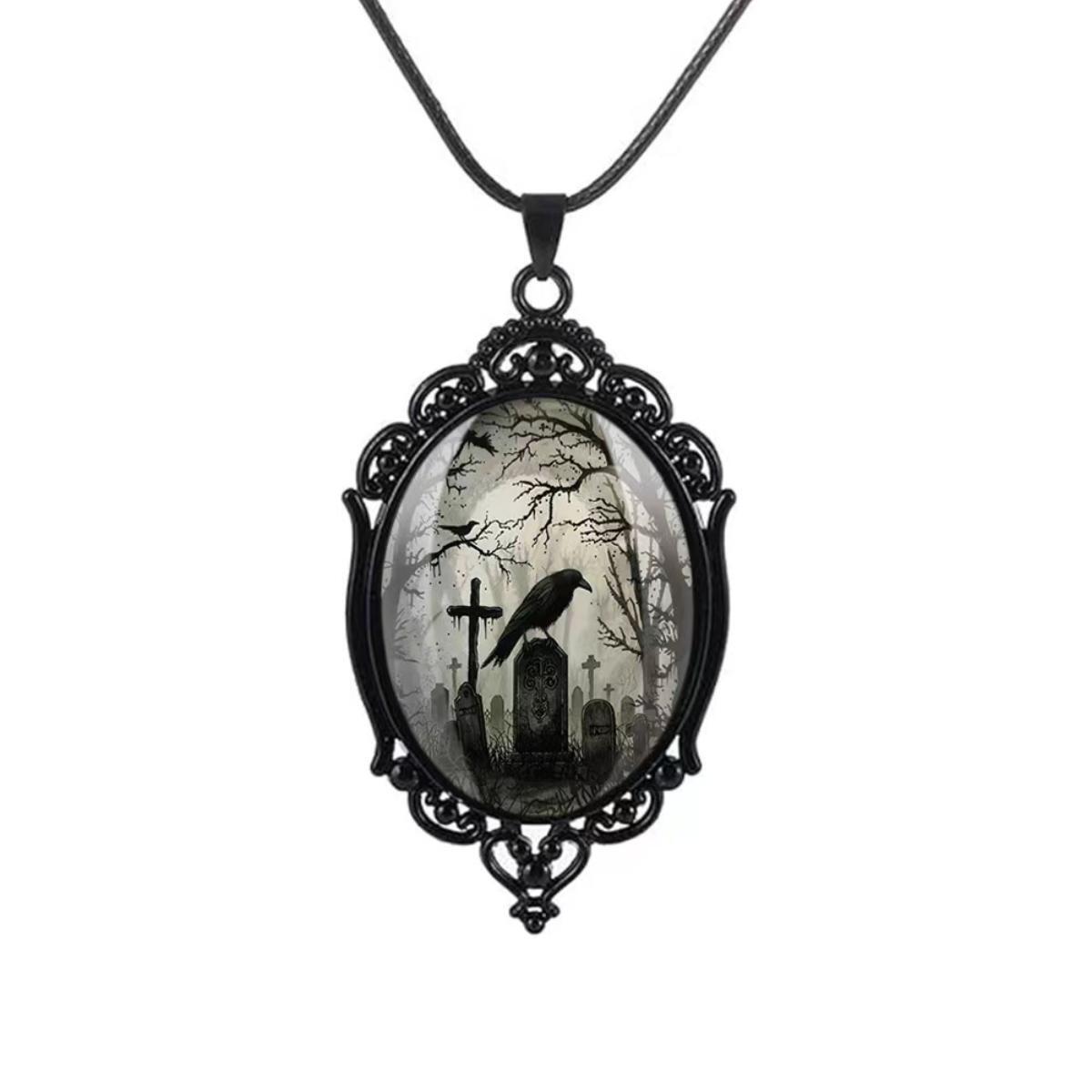 Gothic Victoria Oval Black Art Tombstone Night Crow Pendant Necklace for Women Men Halloween Party Retro Jewelry Accessory Gift