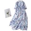 Summer New Cotton and Linen Literary and Retro Buckle Loose Waist Thin Floral Medium and Long Dress Women