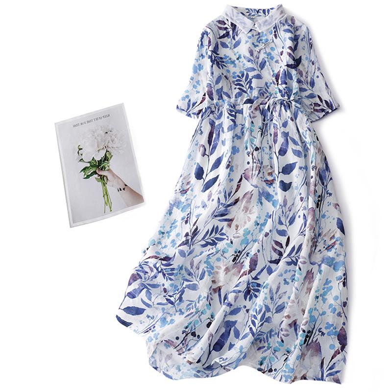 Summer New Cotton and Linen Literary and Retro Buckle Loose Waist Thin Floral Medium and Long Dress Women
