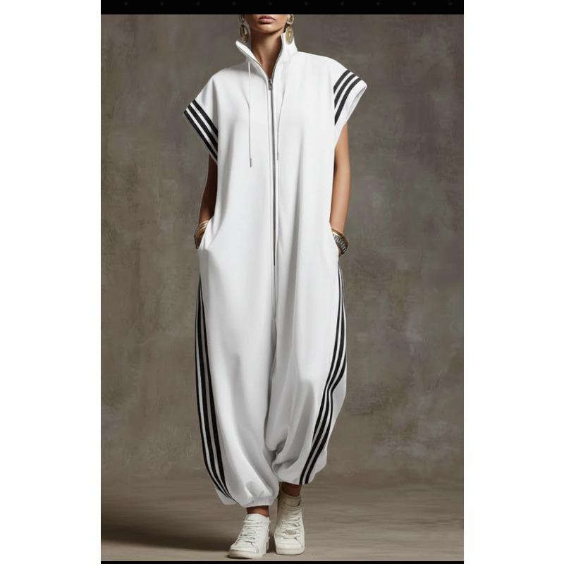 Nouveau Style Fermeture Éclair Col Montant Rayé Coordination de Couleurs Tendance Décontracté Coupe Ample Manches Courtes Pantalon Une Pièce pour Femmes