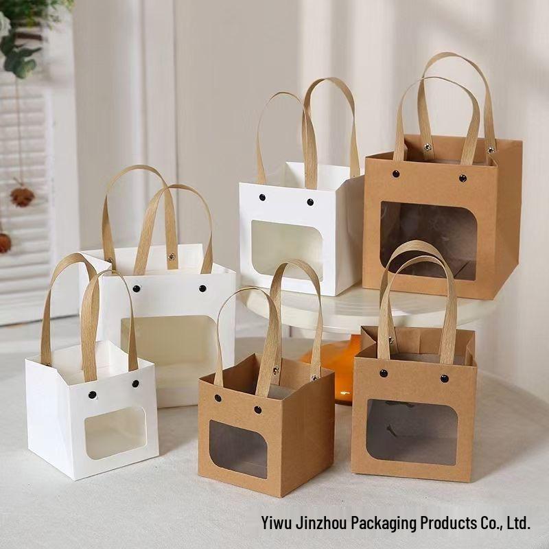 Floral Kraft Paper Tote Bag: Square Gift Bag for Teacher's Day, Available in Large and Small Sizes