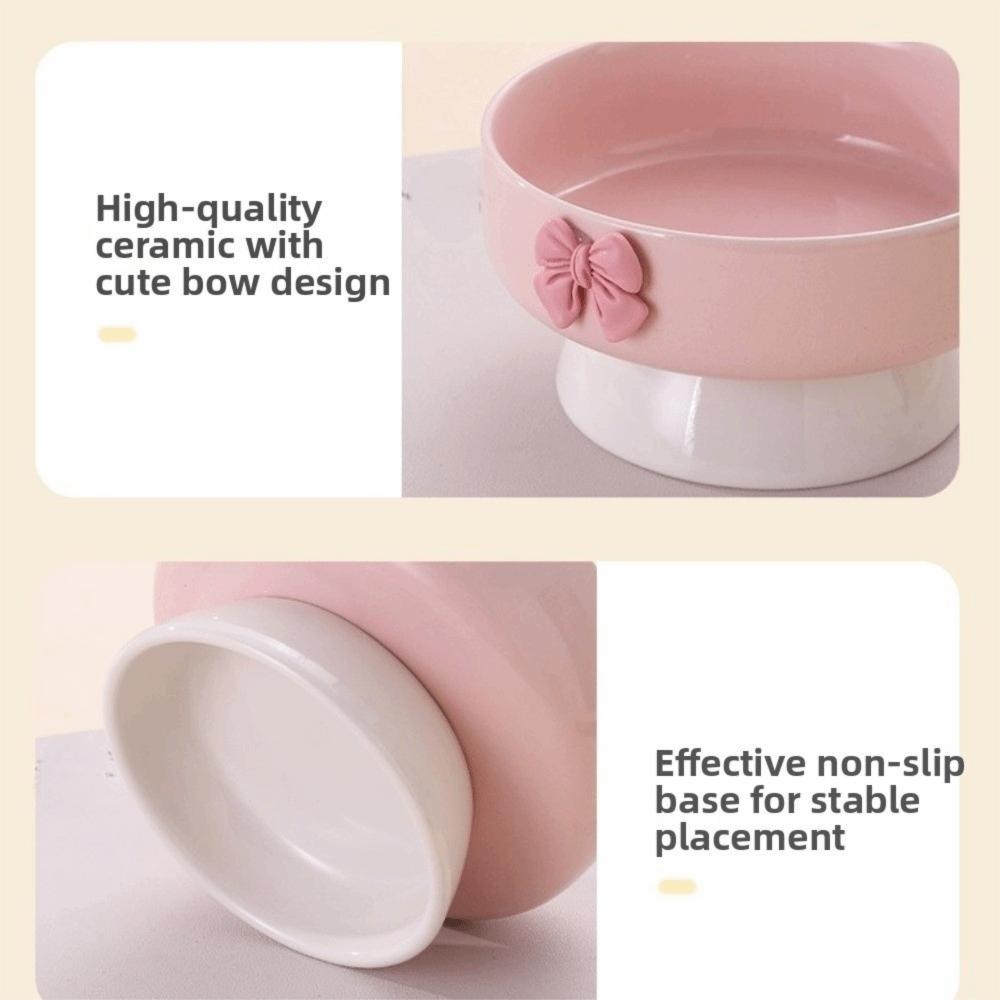 Large Capacity Ceramic Cat Bowl Macaron Colors Non-Slip Base Elevated Pet Bowl with Bow Pet Feeding Bowl Pet Feeding Drinking