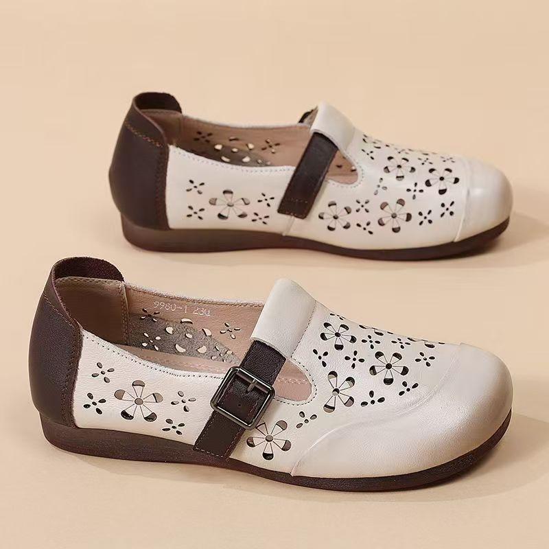 Women's Leather Baotou Hollow Out Flat Sole Sandals Summer New Soft Sole Non Slip Retro Round Toe Lightweight Slip On Cave Shoes