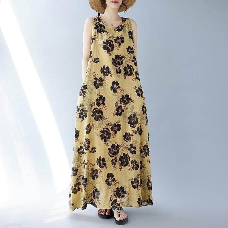Sleeveless Plus Size Cotton Vintage Floral New In Dresses for Women Casual Loose Long Summer Dress