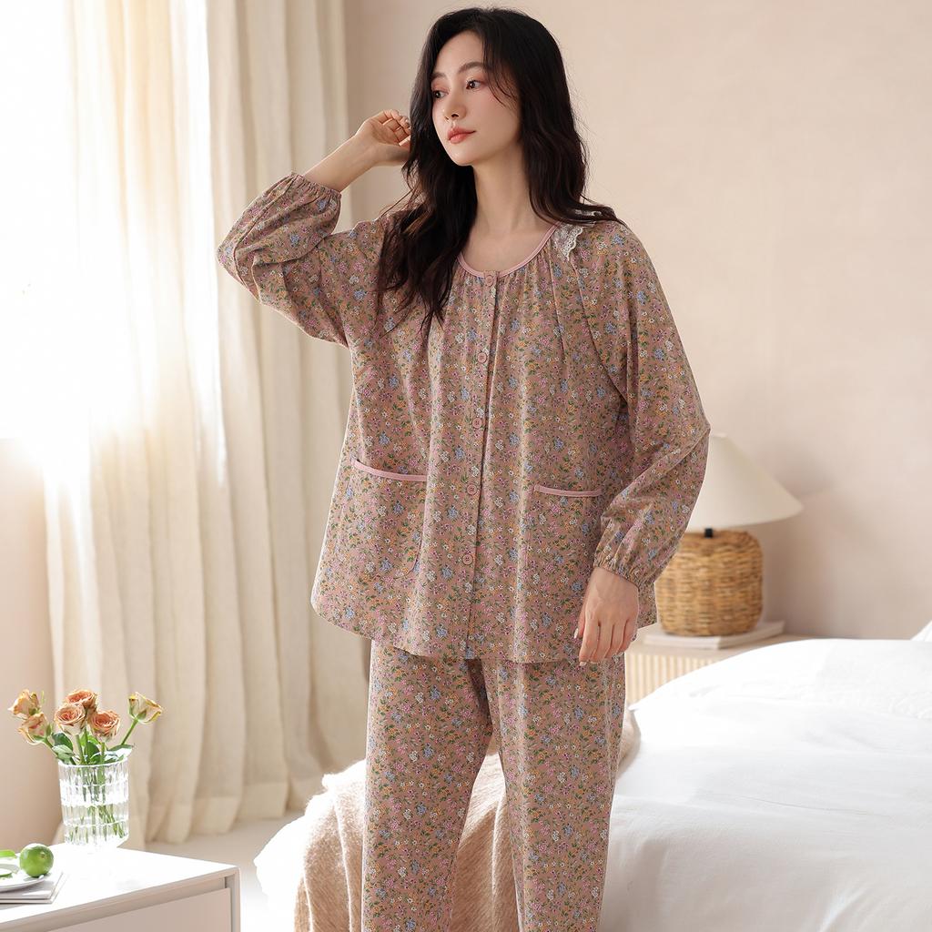 Women's pajamas pure cotton comfortable and simple thin spring and autumn cotton long-sleeved trousers cardigan loungewear can be worn outside set