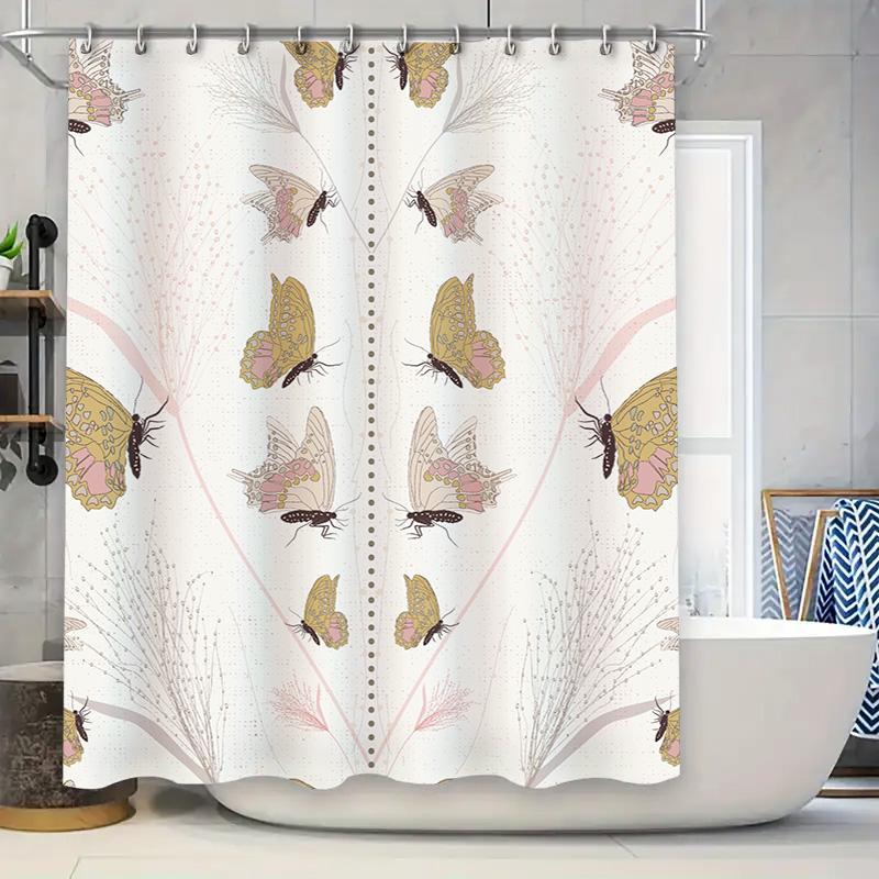 

Butterfly Bath Shower Curtain Vintage Floral Print Decorative Waterproof Fabric Pink Yellow Purple Colors Rectangular Size 72 X W60H190(CM)-1 Pcs