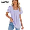 Spring and Summer Women's T-shirt Solid Color Square Neck Pleated Short Sleeve Loose T-Shirt Top