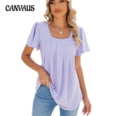 Spring and Summer Women's T-shirt Solid Color Square Neck Pleated Short Sleeve Loose T-Shirt Top