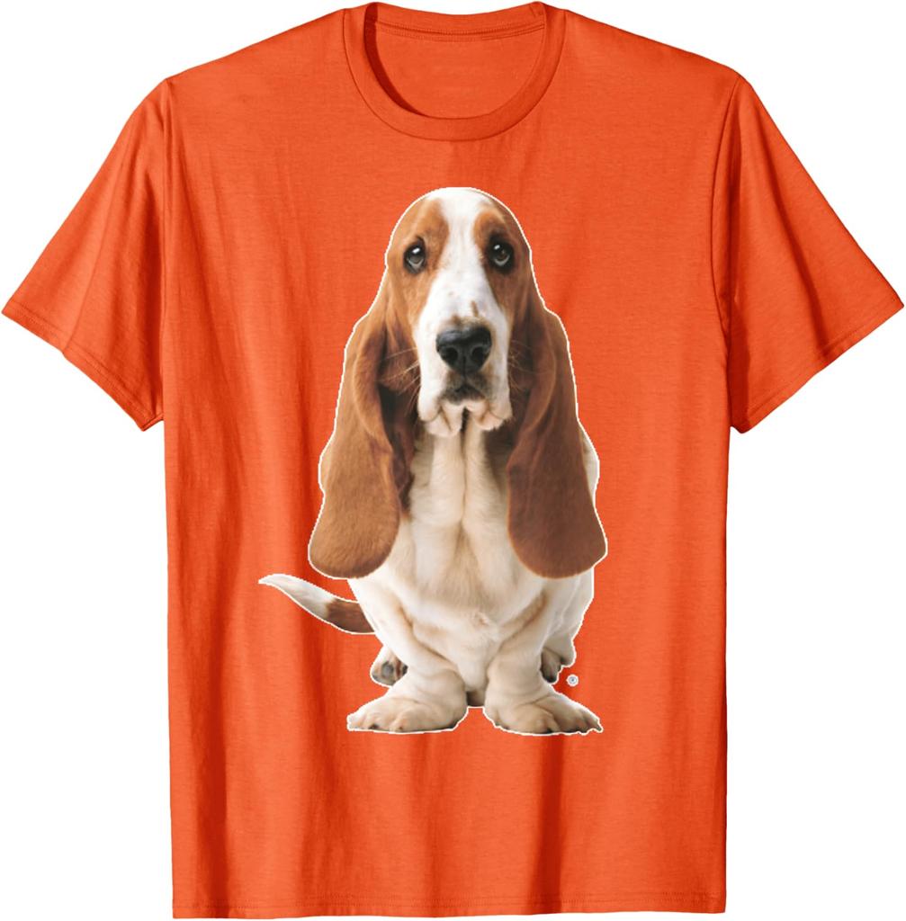 Basset Hound Dog Sitting Graphic Tee Breathable Cotton Casual Short Sleeve T-Shirt for Men