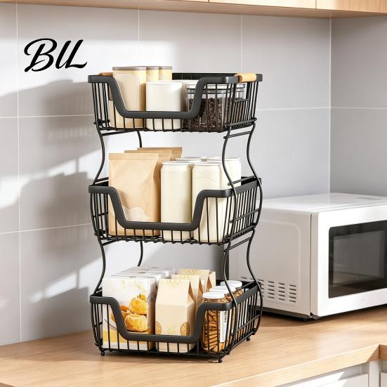 Home Organization Rack 2/3 Layer Countertop Organizer Rack, Heavy Duty Fruit Basket Stand, Metal Storage Space Saving Carbon Steel for Kitchen, Pantry