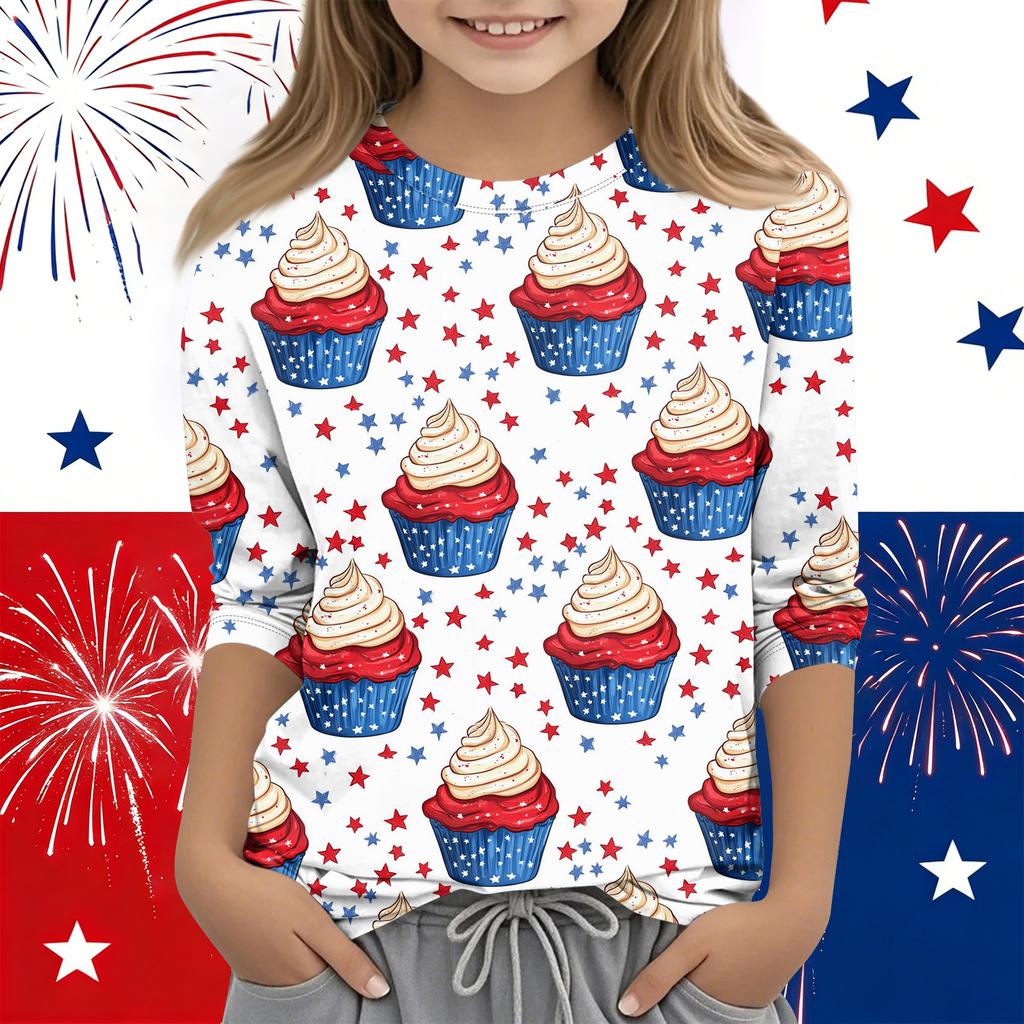 Print Tops For Youth Girls Round Neck 3/4 Sleeves T-Shirts Trendy Tops Outfit Tees Independence Day