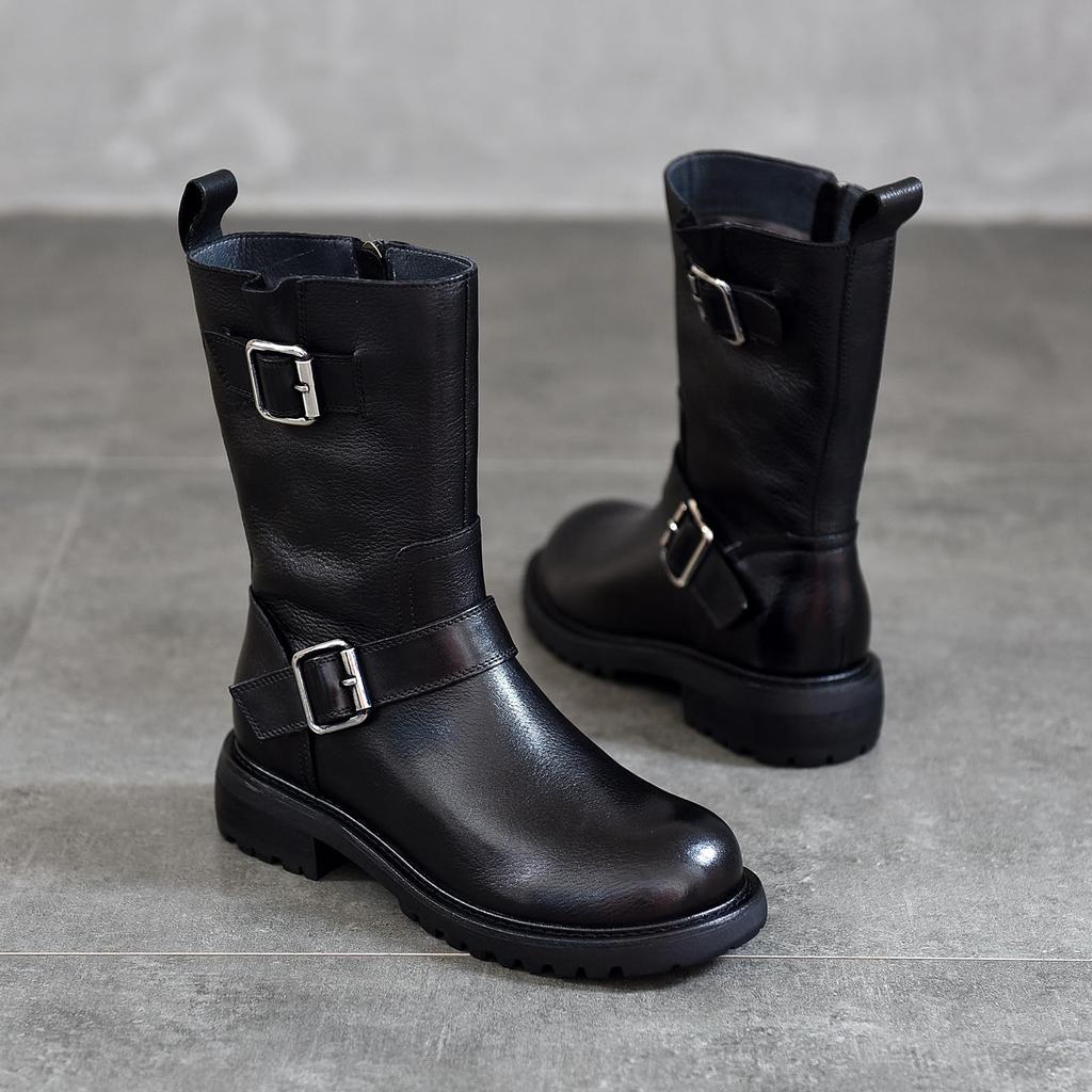 Short Round Genuine Side Low Western Easy to Walk [ZUYEE] Women's Boots, Toe, Leather, Zip, Belt, Heel, Engineer, Mid-Length Boots, Boots, in, Black,