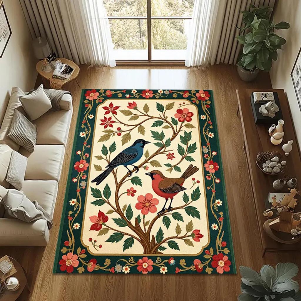 Bohemian Arts Rug,Vintage Inspired Bird and Floral Carpet,Floral Botanical Decor,Elegant Nature Print Floor Mat