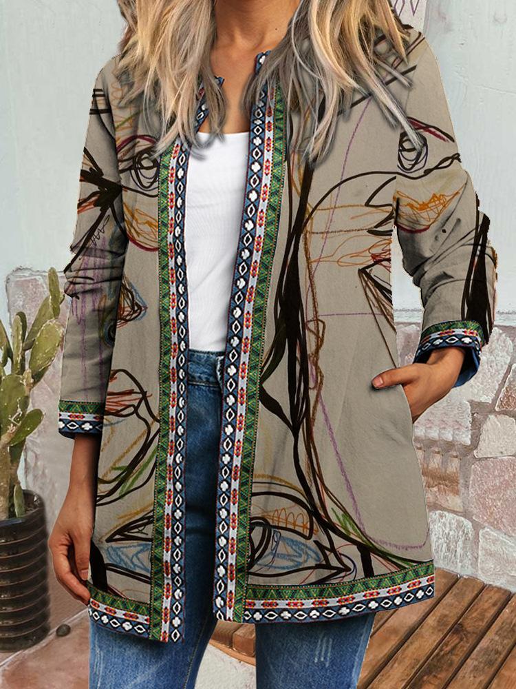 Women's Crew Neck Long Sleeve Cardigan Oversized Vintage Ethnic Print Plus Size Open Front Jacket Casual Outerwear