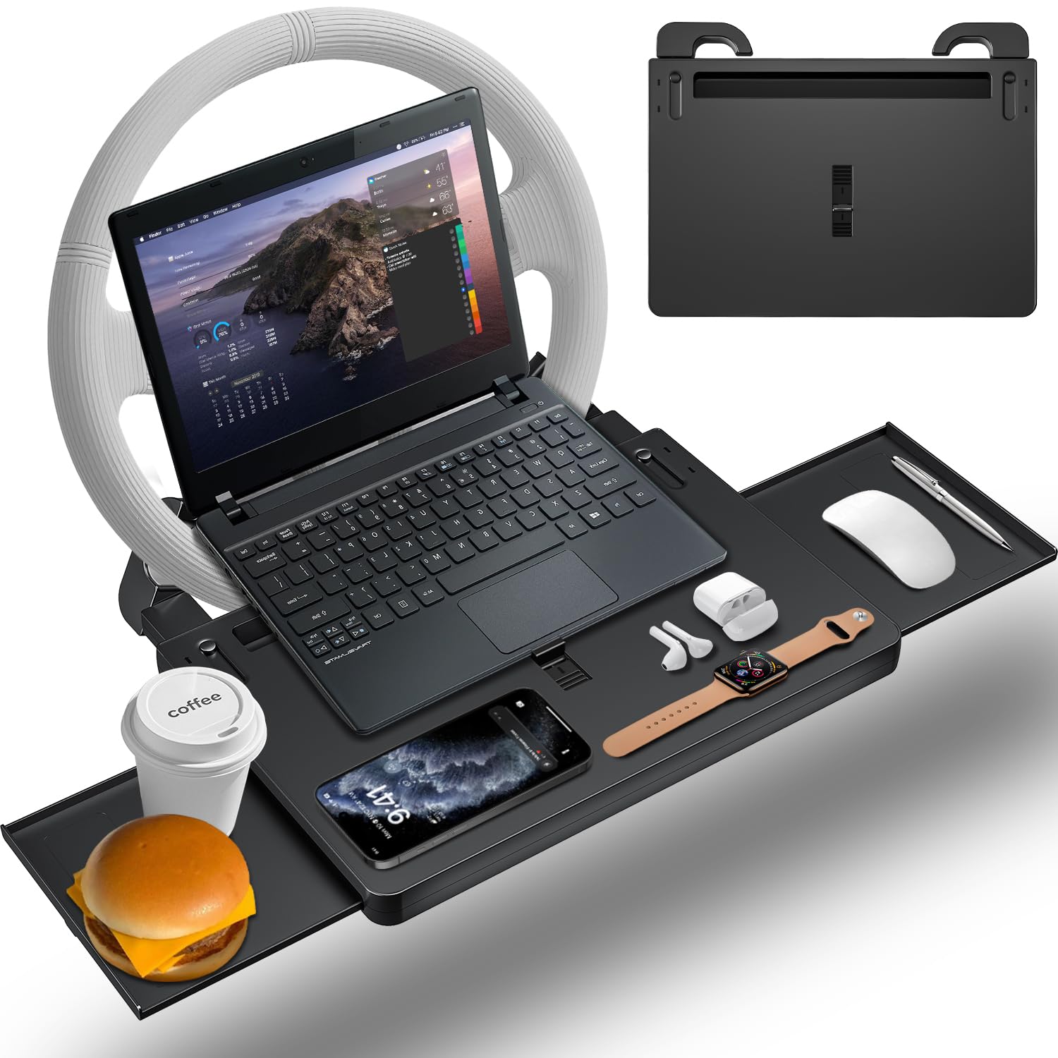 

AUEOTUAR Регулируемый столик для автомобиля на руль или сиденье для ПК, удобный, совместимый почти со всеми автомобилями, запатентованный столик, для водителя чёрный