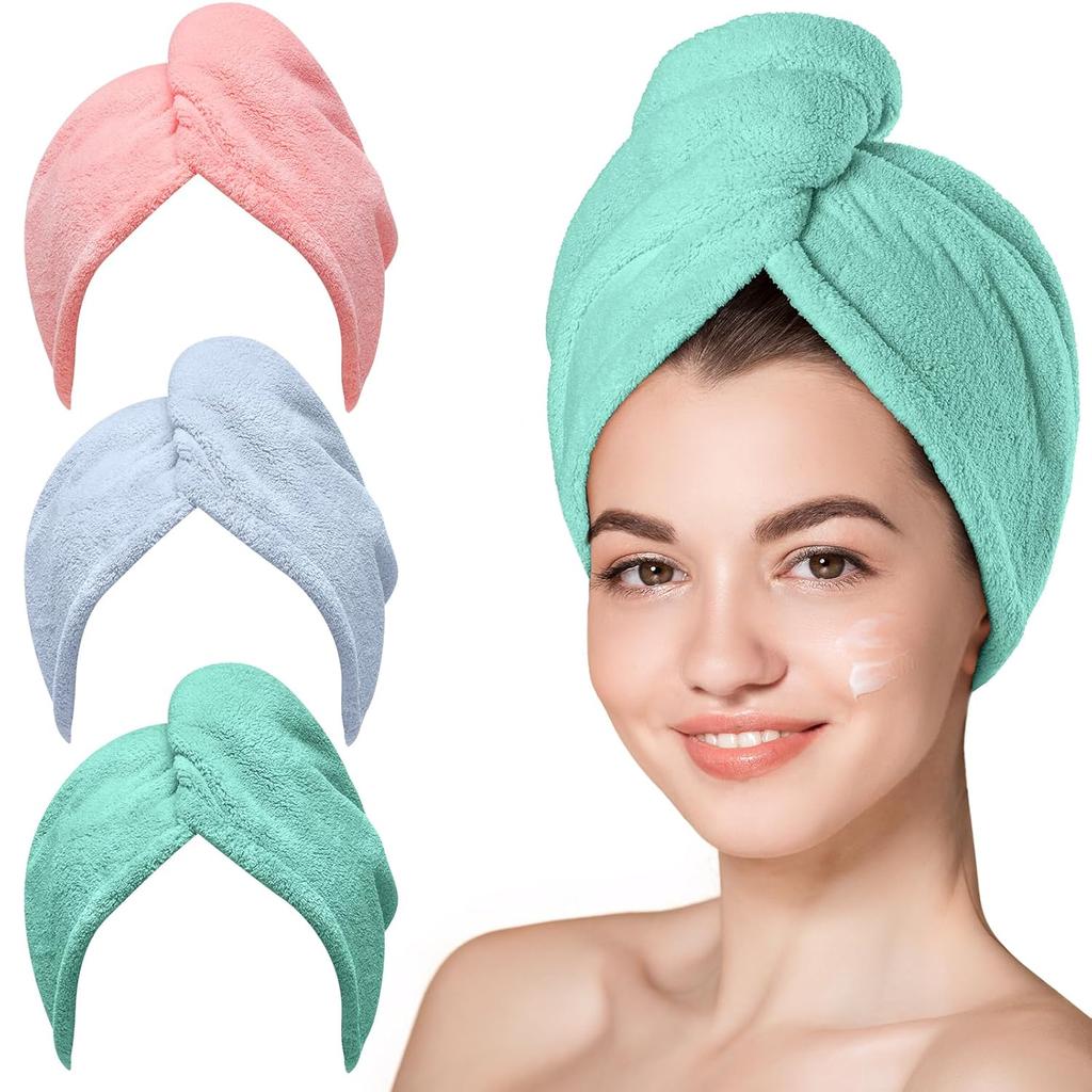 Microfiber Hair Towel, 3 Packs Hair Turbans for Wet Hair, Drying Hair Wrap Towels for Curly Hair Women Anti Frizz (Blue,Grey,Pink)