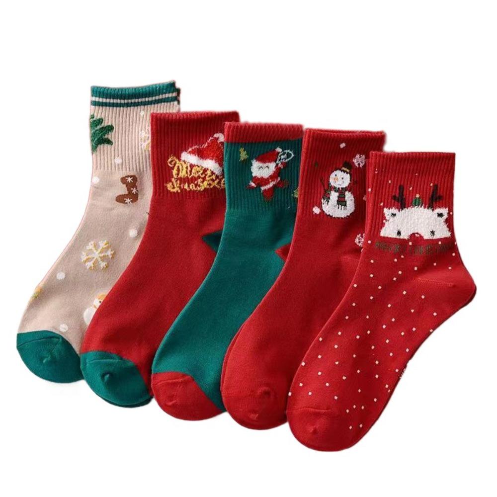 5Pairs Cartoon Christmas Socks Snowman Santa Claus Tube Sock High Ankle Socks Mid-calf Socks  Girl