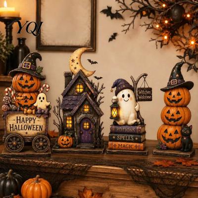 Indoor Halloween Decorations Farmhouse Wooden Tabletop Decorations, Table Topper Signs, Spooky Vintage Haunted House Tiered Tray Decor Pumpkin