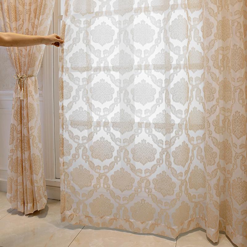 1pc Golden Jacquard Window Sheer Curtain, Window Treatment for Living Room Bedroom Balcony Home Decor