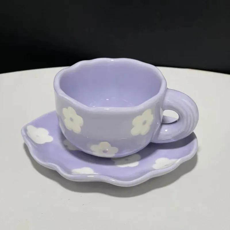 Japanese Hand Painted The Blue Sky and White Clouds Coffee Cup with Saucer Ceramic Handmade Tea Cup Saucer Set Cute Gift for Her