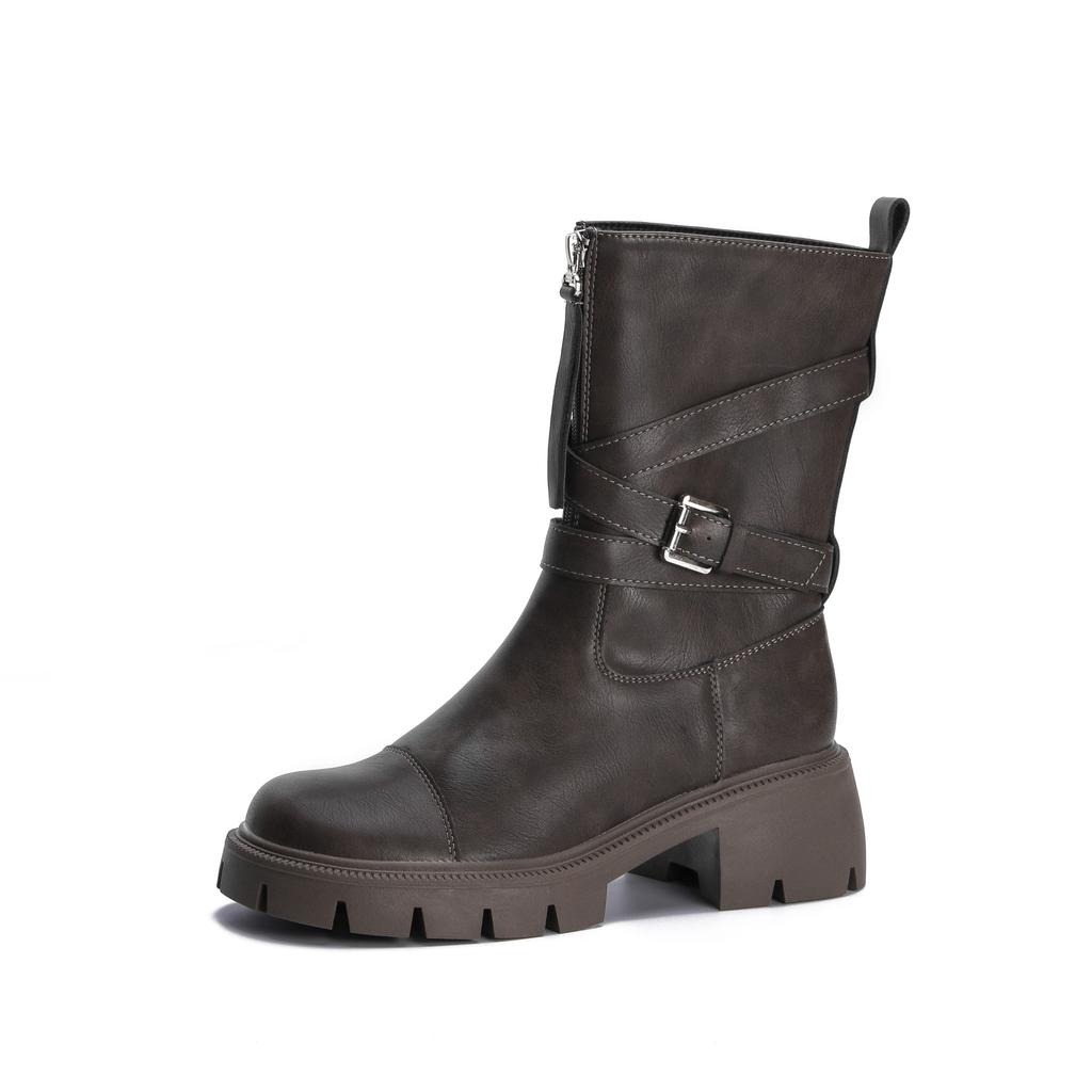 2025 winter new mid-tube knight boots women's platform locomotive boots Internet celebrity belt buckle Korean version leather boots women's outer wear