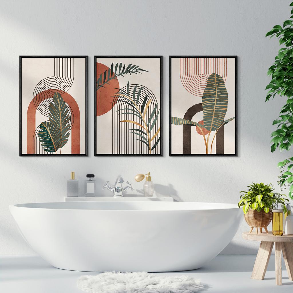 Mid-Century Tropical Leaf Wall Art Set, Boho Abstract Geometric Terracotta Canvas Prints, Minimalist Home Decor & Perfect Gifts