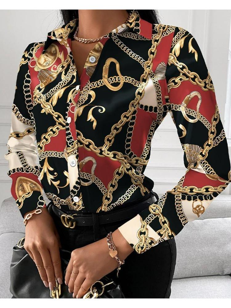 Elegant Blouse Women's Fashion Shirt 2026 Spring/Summer V-Neck Contrast Retro Print Slim Fit Top Office Lady Shirts S-XXXL