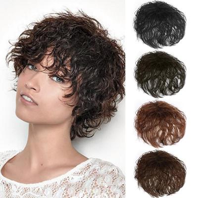 Synthetic Black Brown Curly Hair Top Toupee 2 Clip Hair Extensions Replacement Closure Hairpiece Wigs With Bangs Women