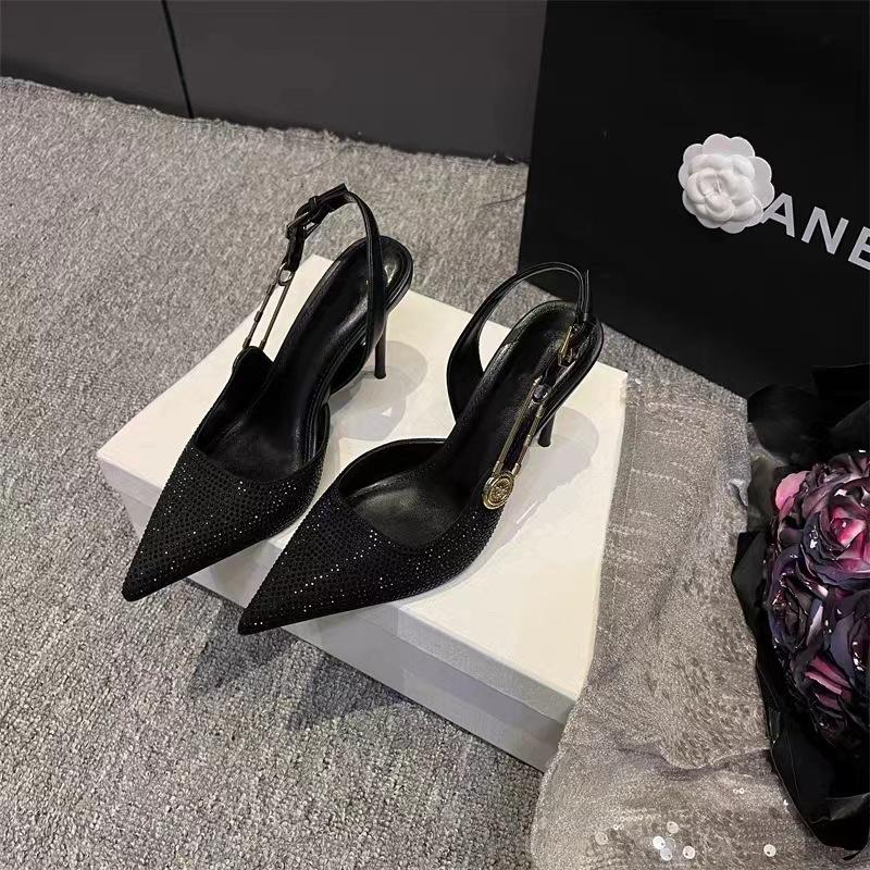 Black high heels women's summer 2024 new sexy rhinestone pointed one-word buckle bag head shallow mouth sandals women